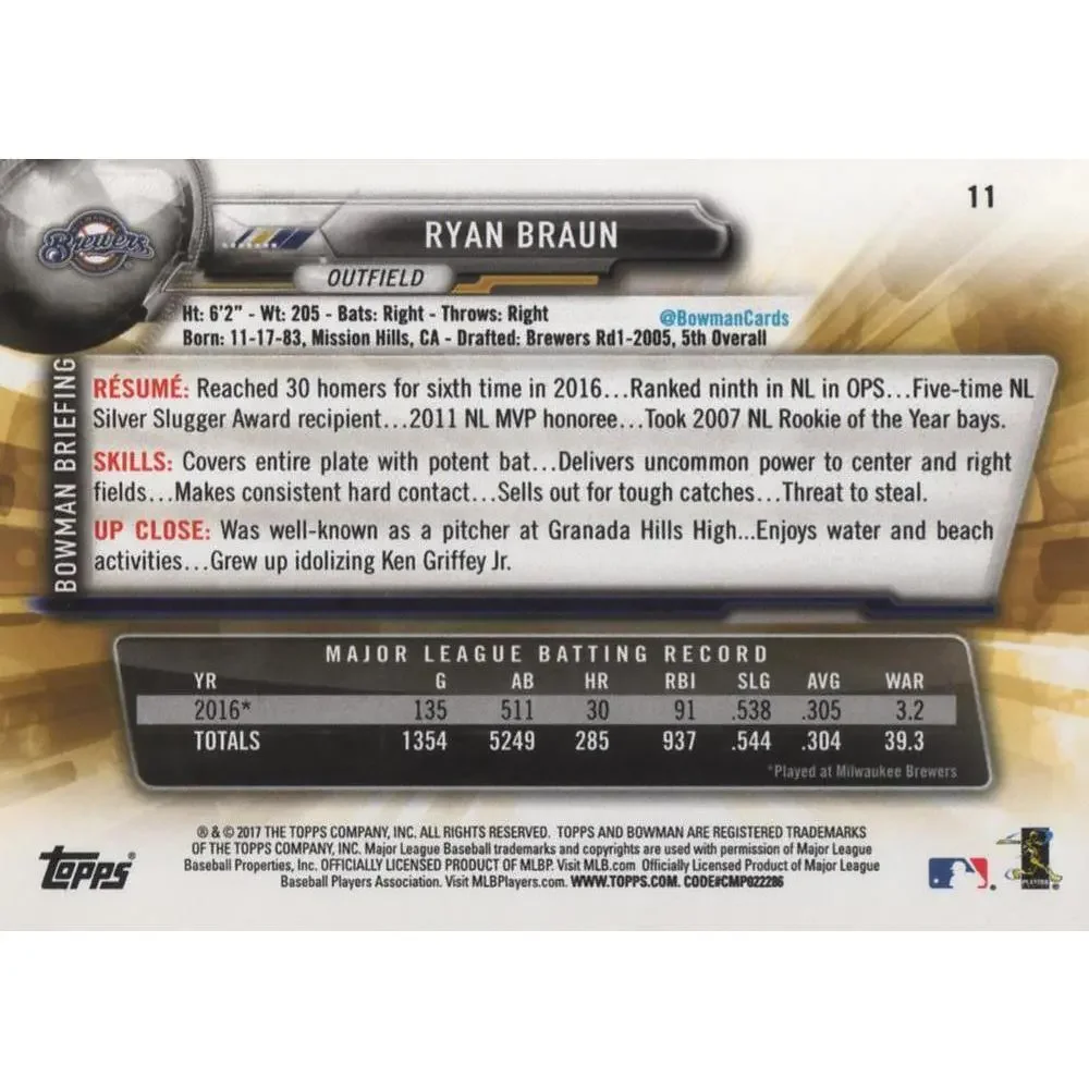 2017 Bowman Ryan Braun # 11 Milwaukee Brewers
